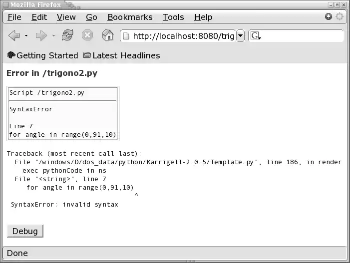 Page web affichant un cadre d'erreur et un traceback