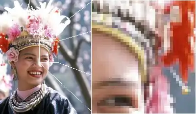 Les diverses nuances colorées de cette image lui donnent un certain « modelé » si sa taille d'affichage reste raisonnable mais la structure des petits carrés se révèle vite au fur et à mesure de l'agrandissement.