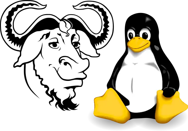 Mascotte du projet GNU à gauche et du projet Linux à droite.
