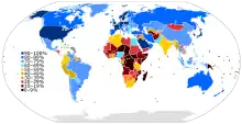 Pourcentage d'internautes par pays (par rapport au nombre d'habitants du pays).