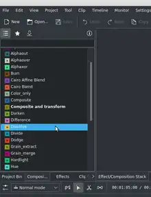 Choisir un effet ou transition dans la fenêtre des compositions.