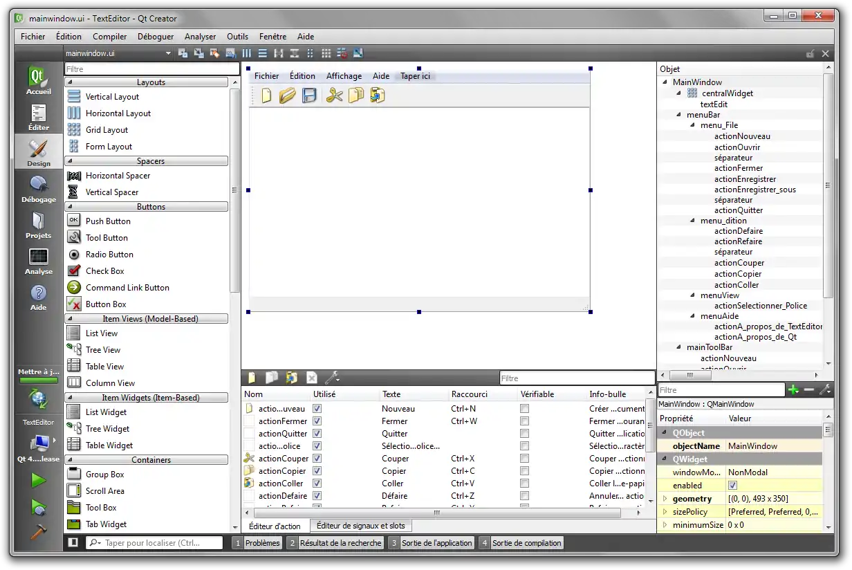 Copie d'écran de des outils Qt designer intégrés à Qt Creator sous Windows 7.