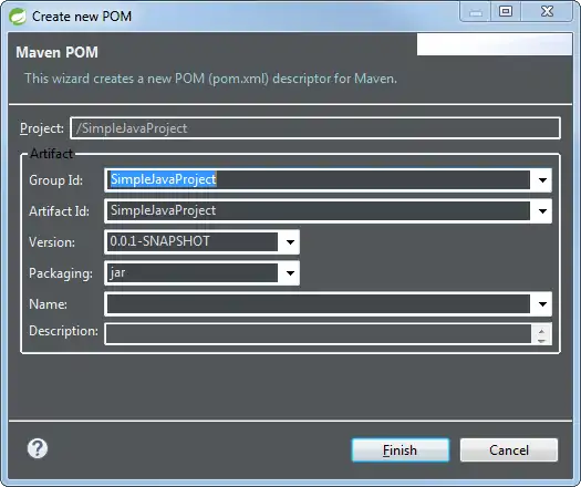 Fenêtre de création du fichier pom