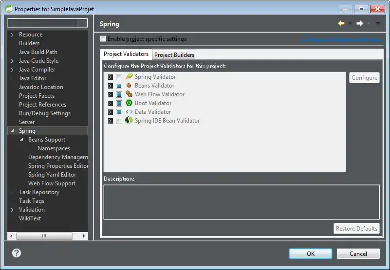 Fenêtre de propriétés de Spring