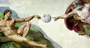 Le tableau La création d'Adam de Michel-Ange retouché par un Wikimédien de telle sorte à faire apparaitre le logo de Wikipédia entre le doigt de Dieu et celui d'Adam