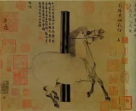 attribué à Han Gan, actif vers 740-760, Huiyebai (Night-Shining White)cheval favori de l'empereur Xuanzong, encre et couleurs sur soie 25x30 cm, MET.