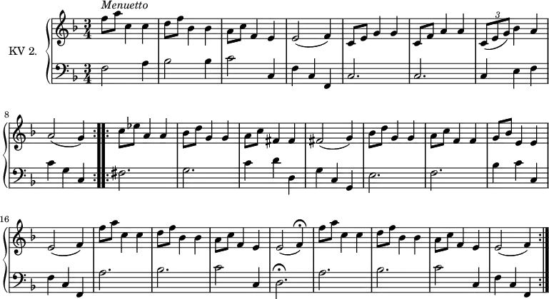 \version "2.14.2"
\header {
tagline = ##f
}
upper = \relative c'' {
\clef treble
\key f \major
\time 3/4
\tempo 4 = 130
\tempo "Menuetto"
\set Staff.midiInstrument = #"dulcimer"
\repeat volta 2 {
f8^\markup \italic { Menuetto} a c,4 c | d8 f bes,4 bes | a8 c f,4 e | e2 (f4)
| c8 e g4 g | c,8 f a4 a
| \tuplet 3/2 {c,8 (e g) } bes4 a | a2 (g4)
}
\repeat volta 2 \relative c' {
c'8 ees a,4 a | bes8 d g,4 g | a8 c fis,4 fis
| fis2 (g4) | bes8 d g,4 g | a8 c f,4 f | g8 bes e,4 e | e2 (f4)
| f'8 a c,4 c | d8 f bes,4 bes | a8 c f,4 e | e2 (f4) \fermata
| f'8 a c,4 c | d8 f bes,4 bes | a8 c f,4 e | e2 (f4)
}
}
lower = \relative c {
\clef bass
\key f \major
\time 3/4
\set Staff.midiInstrument = #"harpsichord"
\repeat volta 2 {
f2 a4 | bes2 bes4 | c2 c,4 | f4 c f,| c'2. | c2. | c4 e f | c' g c,
}
\repeat volta 2 \relative c' {
fis,2. | g2. | c4 d d, | g c, g | e'2. | f2. | bes4 c c, | f c f,
| a'2. | bes2.| c2 c,4 | d2. \fermata | a'2. | bes2.| c2 c,4
| f c f,
}
}
\score {
\new PianoStaff <<
\set PianoStaff.instrumentName = #"KV 2."
\new Staff = "upper" \upper
\new Staff = "lower" \lower
>>
\layout {
\context {
\Score
\remove "Metronome_mark_engraver"
}
}
\midi { }
}