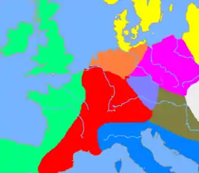 Répartition des cultures de l'âge du bronze final (v. Années -1200) : Terramare (bleu), civilisation des champs d'urnes centrale (rouge), civilisation des champs d'urnes du Nord (orange), culture lusatienne (violet), culture de Knoviz (bleu moyen), culture danubienne (marron), âge du bronze atlantique (vert), âge du bronze nordique (jaune)