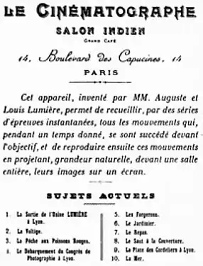 Programme de la projection du 28 décembre 1895 au Salon indien du Grand Café.
